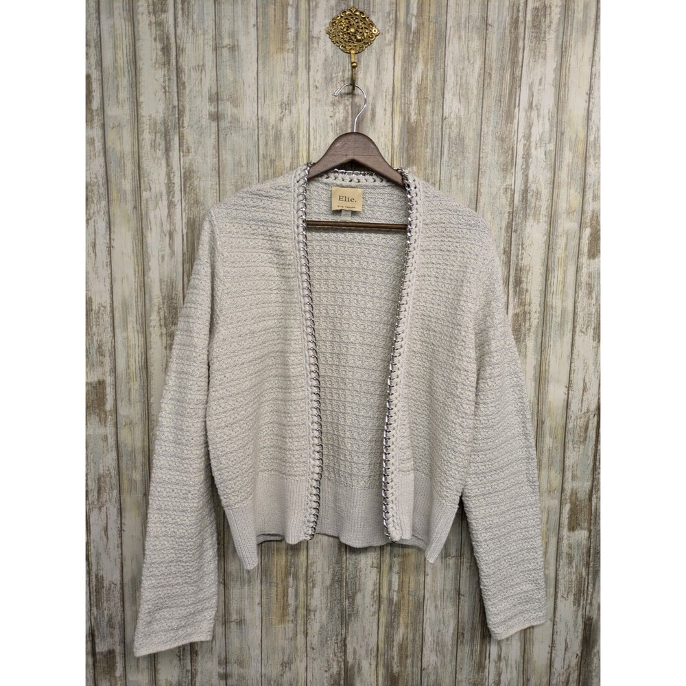 ELIE TAHARI Wool Blend Cardigan White Metallic Sliver Chain Trim Jacquard Large